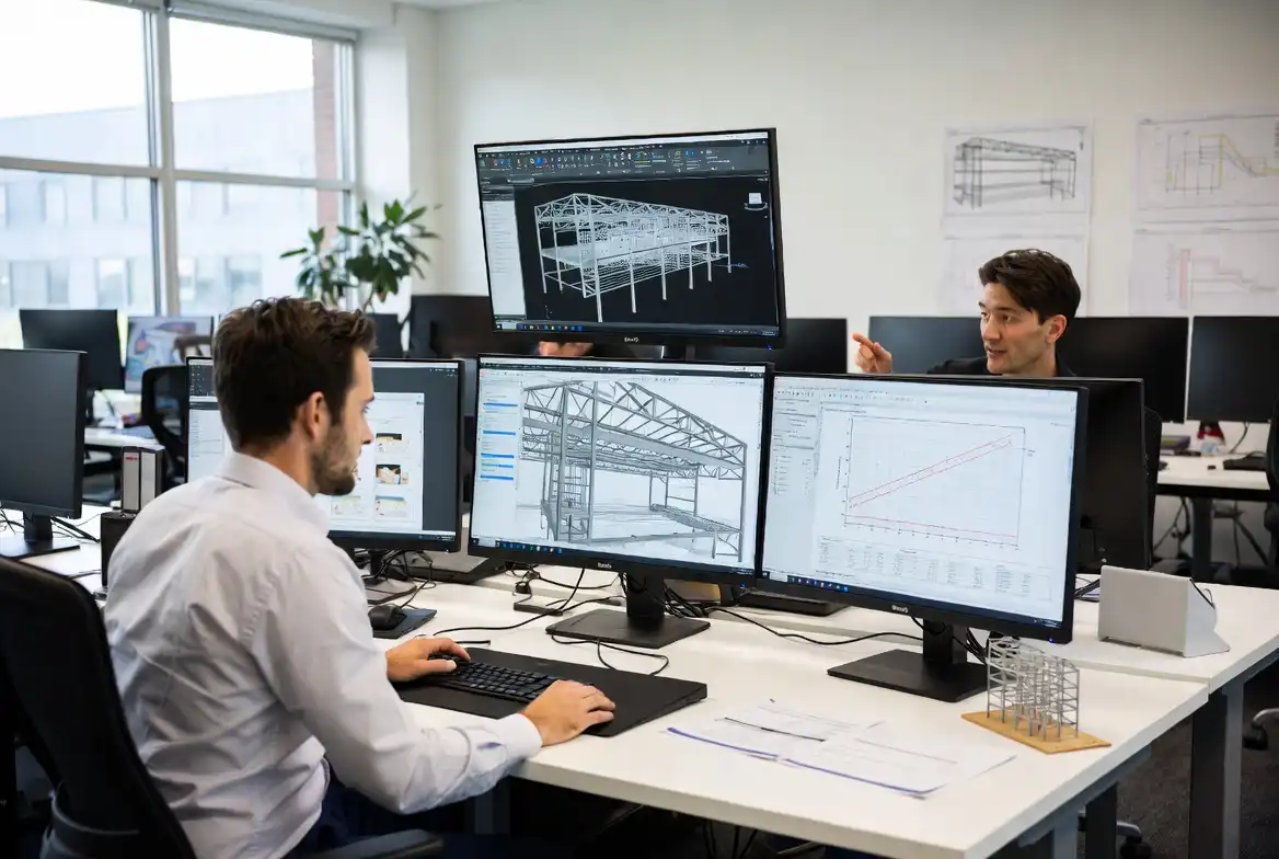 Ingénieur d'un bureau d'études structure analysant des plans de bâtiment
